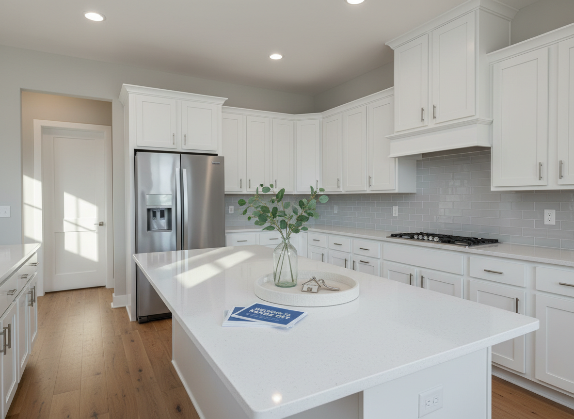 A bright, contemporary kitchen interior in a Kansas City home, showcasing white shaker cabinets, a light gray subway tile backsplash, and a spacious island topped with polished quartz. On the island sits a tidy welcome arrangement: a small stack of relocation guides labeled "Welcome to Kansas City," a simple glass vase with fresh greenery, and a keyring resting on a natural linen tray. Morning sunlight streams through an unseen window, creating soft highlights on stainless-steel appliances and subtle reflections on the countertop. The composition is shot at counter height with a wide lens, emphasizing openness and move-in readiness. Photographic realism, clean lines, and a neutral color palette with a hint of greenery establish a professional, inviting mood suited to showcasing KC relocation lifestyle.