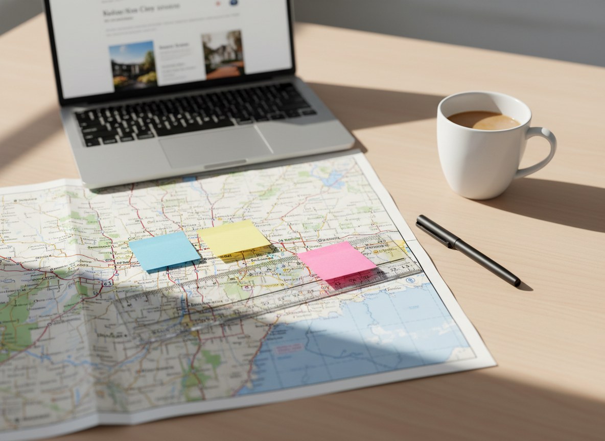 An organized relocation planning workspace on a light wood desk, featuring an open laptop displaying a blurred real estate website interface, a printed map of the greater Kansas City metro spread out beneath a transparent acrylic ruler, and color-coded sticky notes marking areas like "Overland Park," "Brookside," and "River Market." A slim black pen rests beside a minimalist white ceramic coffee mug. Soft daylight from an unseen window to the left washes across the scene, creating gentle, natural shadows and subtle highlights on the glossy map surface. Shot from a slightly elevated angle with shallow depth of field, the focus centers on the Kansas City map details. The photographic, clean and modern style conveys a thoughtful, strategic, and professional atmosphere ideal for relocation planning.