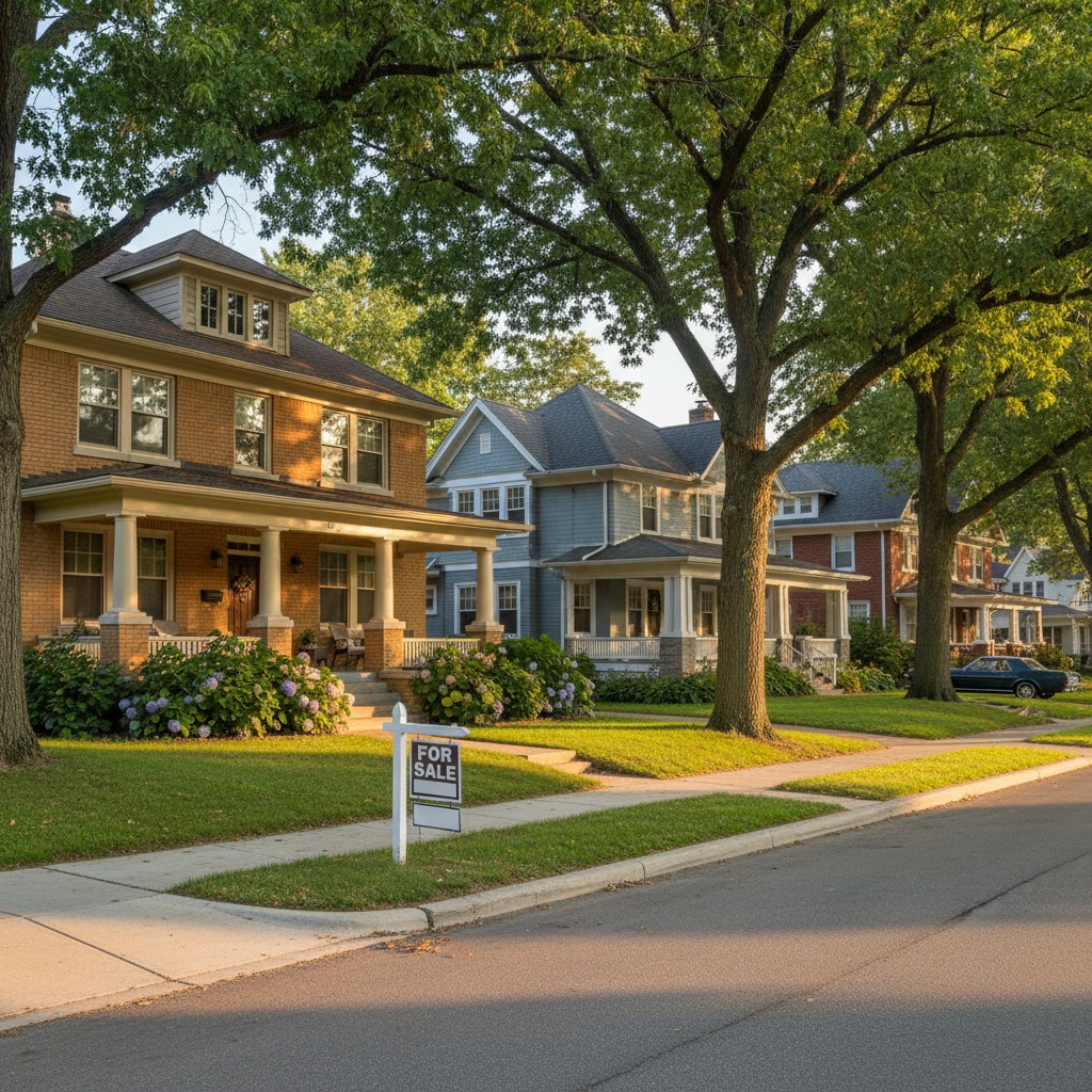 A detailed street-level view of a classic Kansas City residential block, with well-maintained brick and Craftsman-style homes in soft, neutral paint tones, manicured lawns, and mature leafy trees arching over a clean sidewalk. A small, tasteful “For Sale” yard sign with a blank space for branding stands near the curb, subtly suggesting active real estate. Early evening golden-hour sunlight casts warm, elongated shadows and adds a gentle glow to the red brick and green foliage. Photographic realism with crisp details in the foreground and a slightly softened background creates depth. Composed using the rule of thirds, the image feels calm, safe, and inviting, perfectly capturing the atmosphere of a desirable KC neighborhood for relocating buyers.
